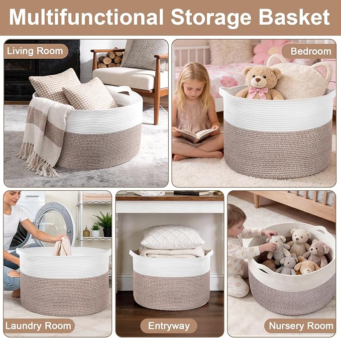 90L Extra Large Blanket Basket for Living Room - Cotton Rope Laundry Hamper Woven Baskets XXL Storage Bin with Handles for Dirty Clothes, Kids, Pets, Toys, Bedroom, 23'' x 23'' x 13'', White & Brown - Image 6