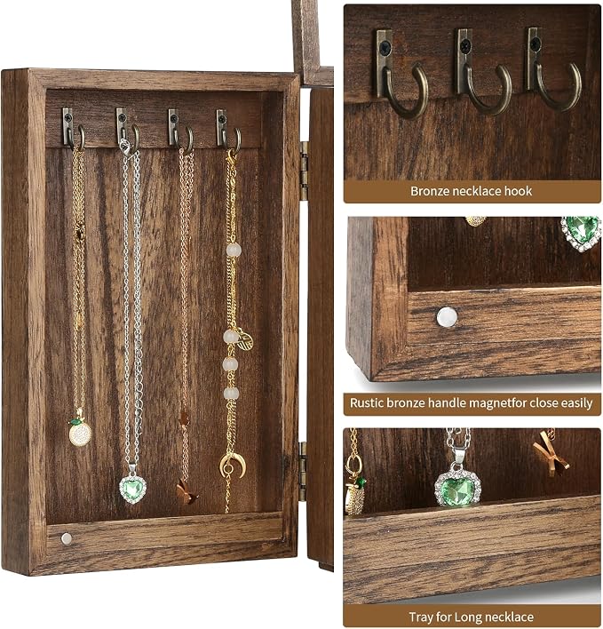 Meangood Jewelry Box Wood for Wowen, 5-Layer Large Organizer Box with Mirror & 4 Drawers for Rings, Earrings, Necklaces, Walnut - Image 5