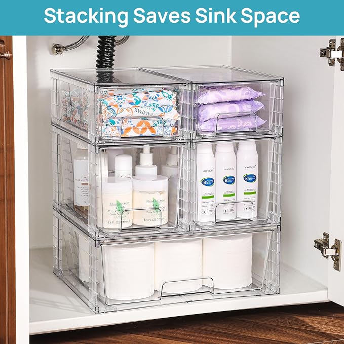 Vtopmart Clear Stackable Storage Drawers Set of 5, Easily Assemble Acrylic Bathroom Undersink Organizers,Plastic Storage Bins for Closet,Cabinet,Pantry,Medicine Organization - Image 4