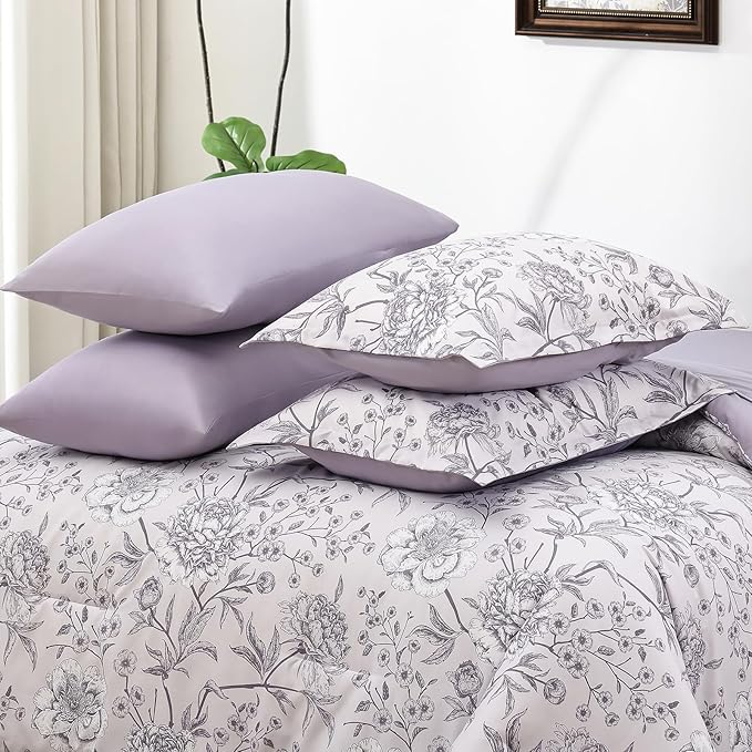 Yiran Botanical Floral Purple Comforter King 7 Piece Bed in a Bag Soft Microfiber Bedding Comforter Set for All Season (1 Comforter,2 Pillowcases,2 Pillow Shams,1 Flat Sheet,1 Fitted Sheet)