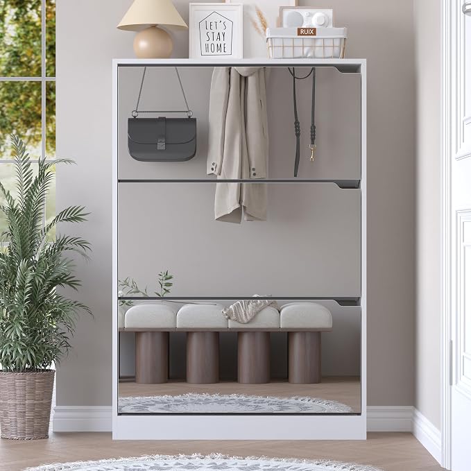 BORNOON Shoe Cabinet with 3-Flip Mirror Drawers, Freestanding Shoe Rack Organizer with Hidden Handle, Slim Narrow Shoe Storage Cabinet for Entryway, Entrance, Hallway, Bedroom - Image 7