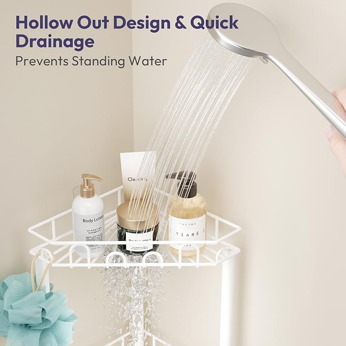 SWTYMIKI Standing Shower Caddy Corner - 4‑Tier Stainless Steel Shower Organizer Shelf with 16 Hooks and Adhesive Pads, Rustproof Corner Shelves Stand Rack for Bathroom Shower Room, white - Image 3