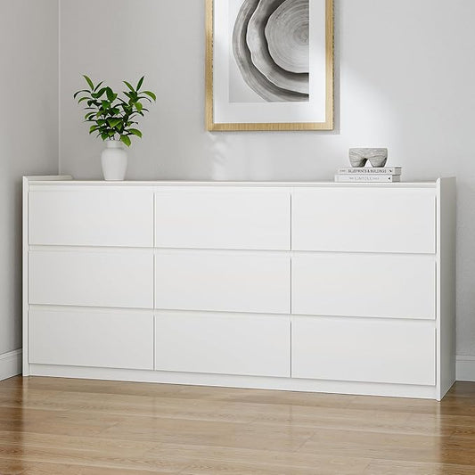 White Dresser for Bedroom, 62" Wide 9 Drawer Large Double Dresser, Modern Matte Wood High Capacity Chest with Anti-Tip Kit, Sturdy Storage Organizer for Master Bedroom & Family Room, Handle-Free