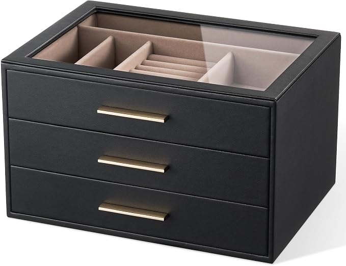 pickpiff Jewelry Box Organizer Case for Women: 3-Layer Jewelry Storage Case with Glass Window, Black Leather with Blush Velvet, Holder for Ring Necklace Bracelet Brooch Watch, Great Gift for Her by pickpiff