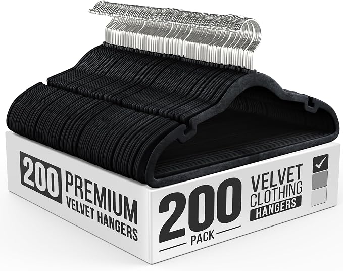 Our Modern Space 200 Pack Velvet Hanger for Shirt Pants Dresses Skirts Suits Jackets - Slim Space Saving Design - Standard Coat Hanger - Sturdy & Durable Design with Shoulder Grooves Hook by OurModernSpace
