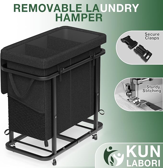 60 Gal(230L) High Grade Large Laundry Basket with Wheels, Rolling Laundry Hamper, Laundry Cart with Metal Frame and Removable Bag Design, Suitable for Laundry Room, Bedroom (Black, 3 Section 230L) - Image 5