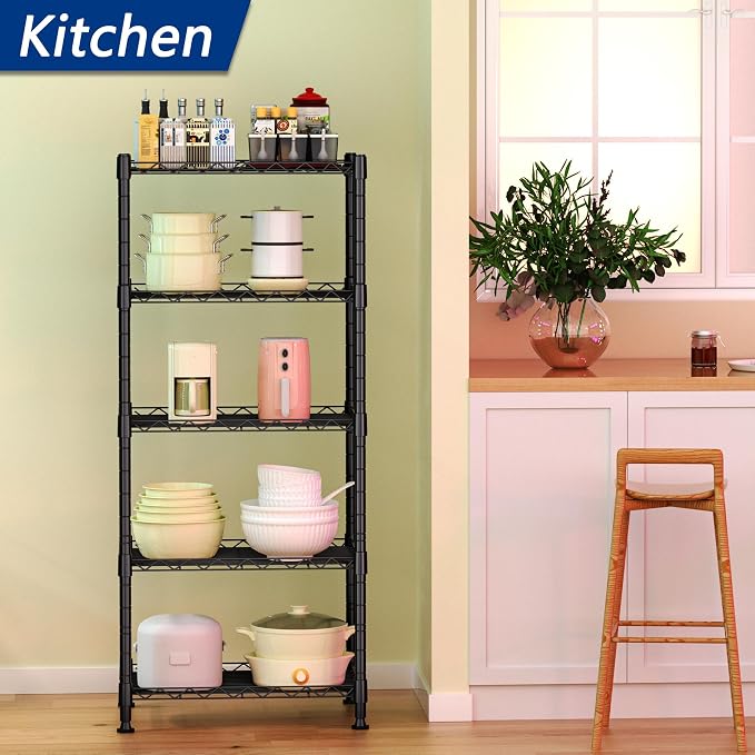 REGILLER 5-Wire Shelving Metal Storage Rack Adjustable Shelves,Standing Storage Shelf Units for Laundry Bathroom Kitchen Pantry Closet(Black,11.8" D x 16.6" W x 53.5" H) - Image 2