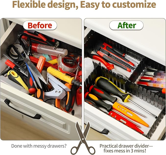 Drawer Divider Adjustable Diy Storage Organizer Separator for Tidying Clutter Cutlery Makeup Clothes of Dresses, Desk & Box in Kitchen Bathroom Bedroom Office (Cut at Will) (Black 8pcs) - Image 3