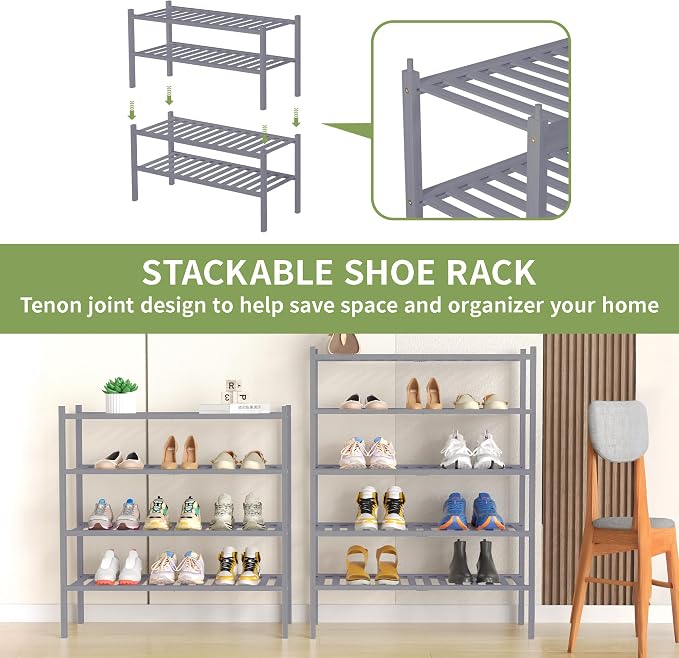 ROMGUAR CRAFT 5 Tier Bamboo Shoe Rack for Closet Free Standing Wood Shoe Shelf for Entryway Small Space Stackable 27"x11"x33" (Grey) - Image 5