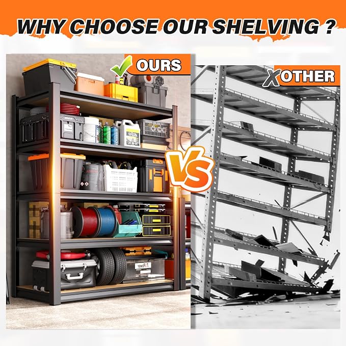 71''H 35.4''W Storage Shelves,2500LBS Garage Shelving ,Adjustable Garage Shelves ,Heavy Duty Metal Shelving, 5 Tier Wood Utility Steel Shelf, Shelving Units and Storage Rack fo Kitchen Pantry Laundry - Image 8