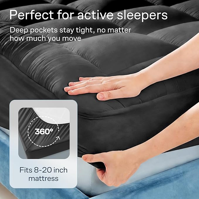 Cloud-Like Queen Mattress Topper - 100% Cotton Top Mattress Pad for Back Pain Relief - Breathable & Naturally Cooling for Hot Sleepers, Dark Gray