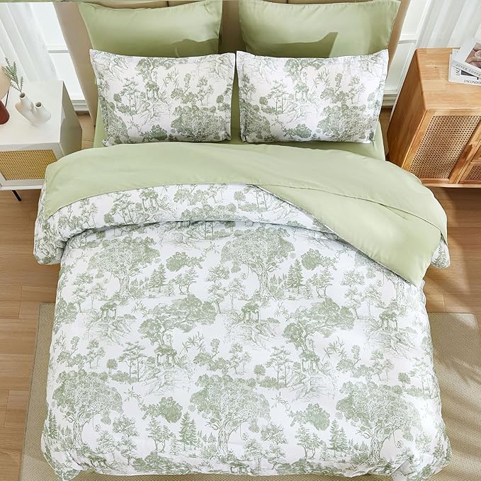 DJY Sage Green Comforter Set King, 7 Pieces Bed in a Bag King Size Botanical Comforters with Sheets Elegant Plants Print Soft Microfiber Reversible Complete Bedding Sets for All Season