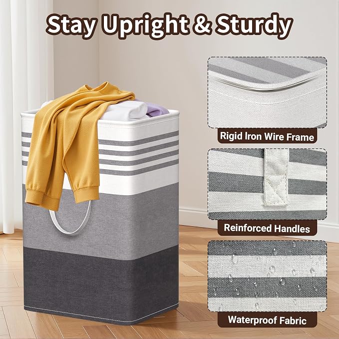 WOWBOX 2 Pack Laundry Baskets, Laundry Hampers, Freestanding Dirty Clothes Hampers with Reinforced Handles & Cross Stitch & Waterproof Coating, for Laundry Bedroom Bathroom Dorm,75L Grey - Image 3