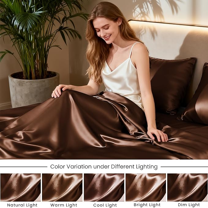 Love's cabin Full Size Satin Sheet Sets - 4 Piece Brown Silky Satin Sheet Set Full with Deep Pocket, Luxury Silk Feel Satin Bed Sheets Full Bedding Set (1 Flat Sheet,1 Fitted Sheet,2 Pillow Cases)