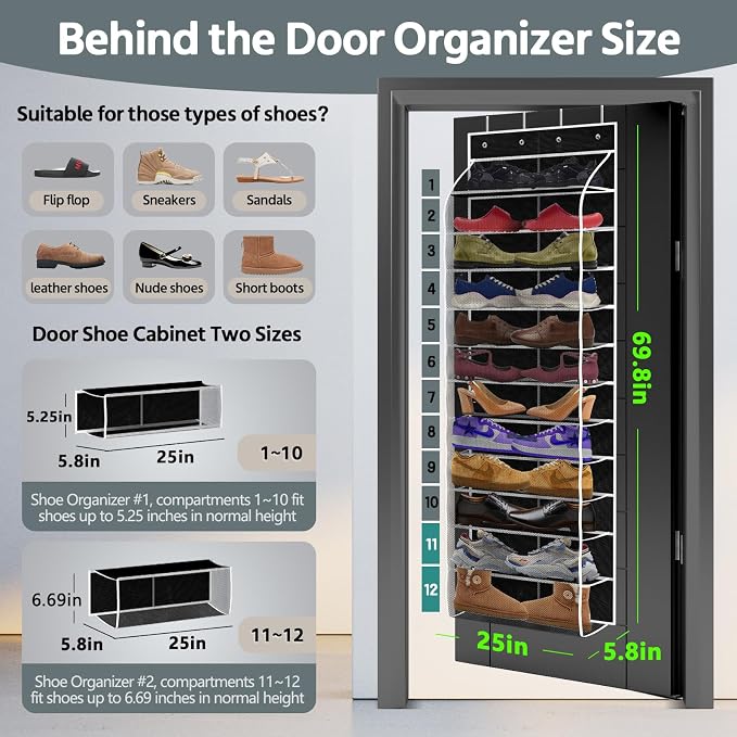 PAULONE 12 Pocket Over the Door Shoe Organizer,Reusable Breathable Large Mesh Bag Men's & Women's Sneaker Organizer,Shoe Organizer for Kids,Hanging Shoe Storage Hanging Bag (Black) - Image 3