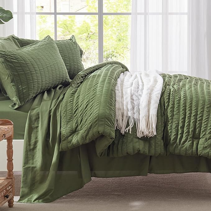 Zzlpp Full Comforter Set 7 Pieces, Olive Green Seersucker Bed in a Bag with Comforter and Sheets, All Season Bedding Sets with 1 Comforter, 2 Pillow Shams, 2 Pillowcases, 1 Flat Sheet, 1 Fitted Sheet