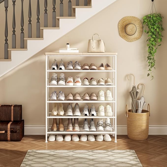 SUOERNUO Shoe Rack Organizer 6 Tier for Closet Entryway Free Standing Metal Storage Shoe Shelf with MDF Top Board，White+Oak - Image 3