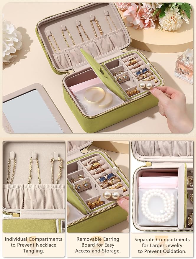 Velvet Travel Jewelry Box with Large Mirror, Double-Layer Jewelry Organizer Case for Women and Girls, Portable Storage Case with 6 Anti-Tarnish Bags Gift Ready for Her (Avocado Green) - Image 3