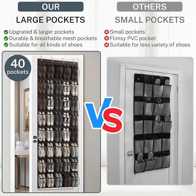 40-Pocket Over the Door Shoe Organizer - Large Mesh Pocket Hanging Shoe Organizer,Behind the Door Shoes Storage Holder Hanger (Coffee color) - Image 2
