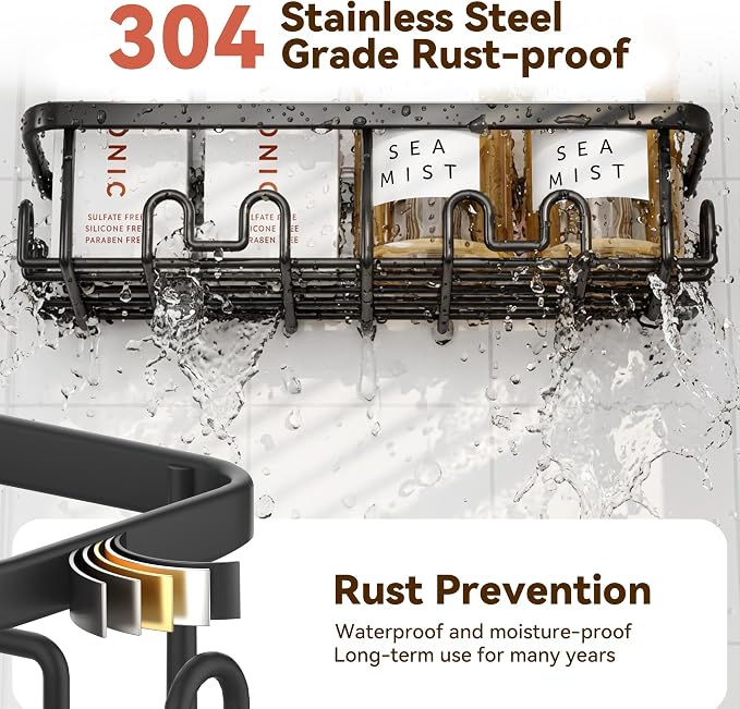 YASONIC Adhesive Shower Caddy, 2 Pack Black Shower Shelves for Inside Shower, Rustproof Shower Organizer with Soap and Toothbrush Holder, No Drilling Shower Storage for Bathroom/Kitchen - Image 5