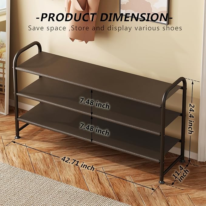 INGIORDAR Shoe Rack 3 Tier Long Storage Organizer Wide Metal Shoe Shelf for Closet Entryway Brown - Image 3