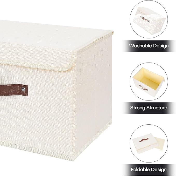 ANMINY Storage Bin with Lid Storage Boxes with PU Leather Handles PP Plastic Board Decorative Foldable Lidded Cotton Linen Fabric Home Cubes Baskets Closet Organizer Container - Beige, Large Size - Image 4