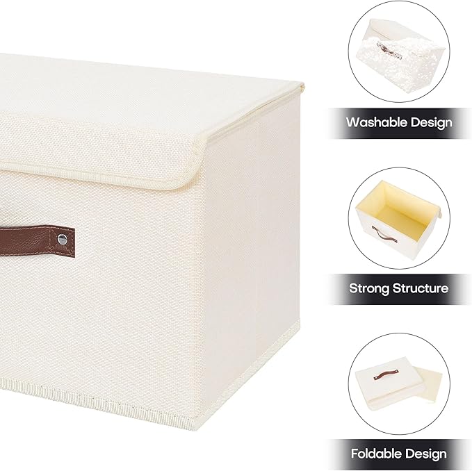 ANMINY 4PCS Storage Bins with Lid PU Leather Handles Storage Boxes PP Plastic Board Decorative Foldable Lidded Cotton Linen Fabric Home Cubes Baskets Closet Organizer Containers - Beige, Large Size - Image 4