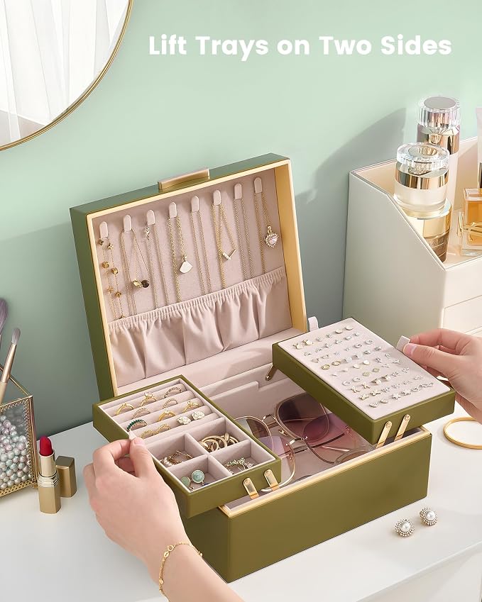 Lolalet Jewelry Box Organizer for Women Girls, 2 Layer Jewelry Organizers and Storage for Necklace Earrings Rings Bracelets, Large Jewellery Holder Case Birthday Mothers Day Gifts -Olive Green - Image 2
