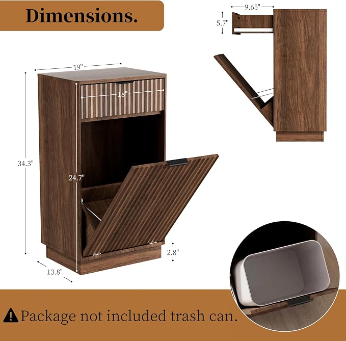 Tilt-Out Trash Cabinet with 10-Gallon Capacity, Walnut Laundry Hamper Cabinet, 34.3 x 19 x 13.8 inches, Wave-Textured Front. - Image 3
