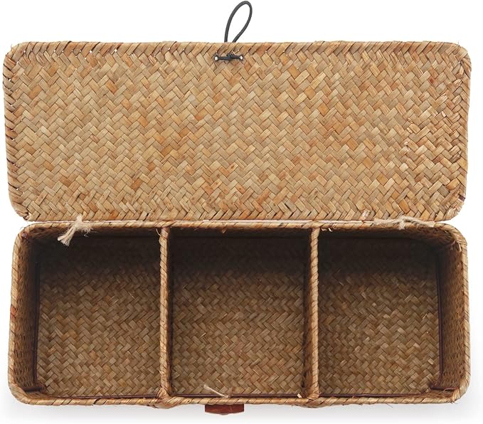Seagrass Tank Basket with Lid Woven Toilet Roll Storage Basket with Sections Rectangular for Organize Snack Toys Tampon (Large Compartment 16.5inch L x 5.5inch W x 5.5inch H) Natural - Image 2