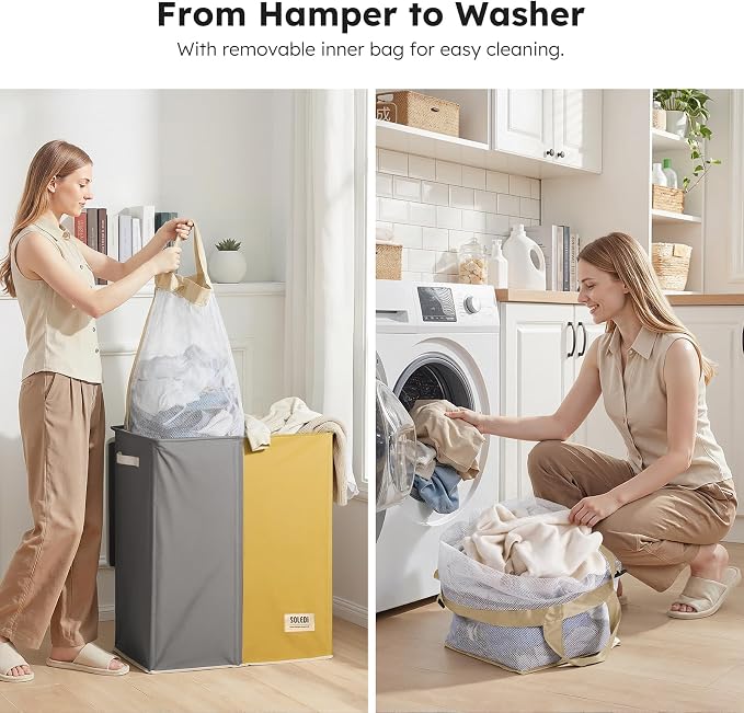 SOLEDI Large Double Laundry Hamper with Lid, Collapsible Clothes Hamper 2 section with Removable Bags, Space-Saving Laundry Basket for Bedroom, Dorm, College - Image 4