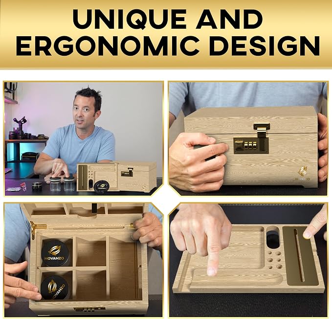HOVANZO Premium Large Bamboo Storage Box with Removable Tray - Storage Wood Box for Herbs and Accessories - Storage Box Set with Combination Lock - Smell Proof Container with Accessories - Image 4