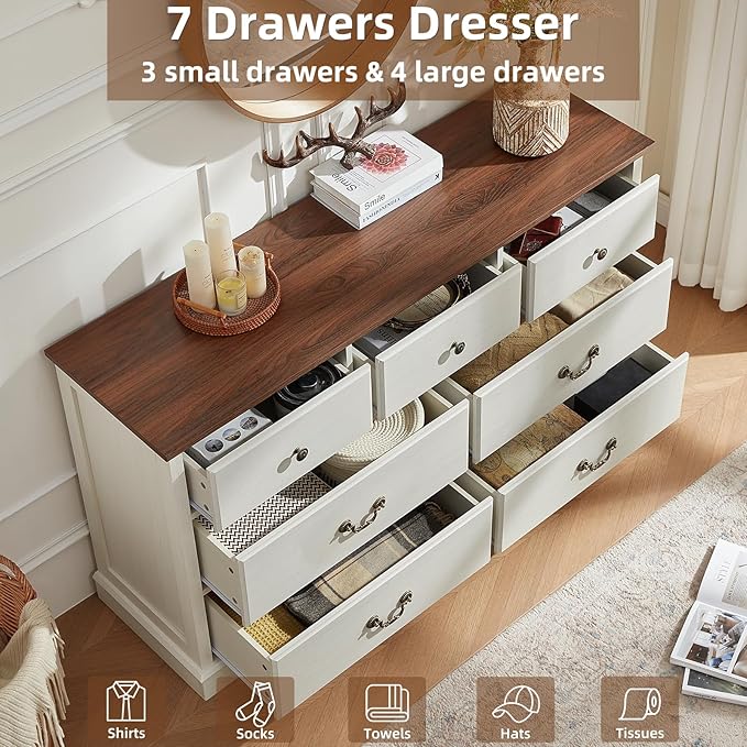 Farmhouse Dressers & Night Stand,54" Wide 7 Drawer Dresser& 18" Wide End Table with Charging Station,Furniture Dresser Sets for Home White
