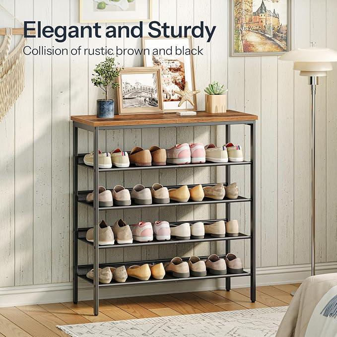 HOOBRO Shoe Rack for Entryway, 5-Tier Shoe Organizer with Adjustable Mesh Shelves, 16-20 Pairs of Shoes, Spacious Floor Mount, Metal, Industrial, Shoe Shelf for Closet, Rustic Brown BF12XJ01 - Image 3