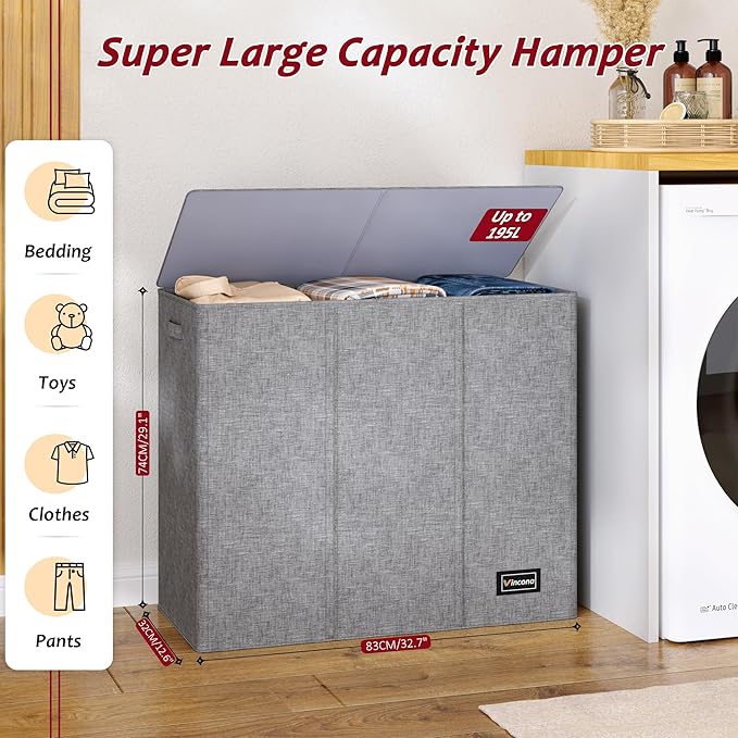 195L Laundry Hamper 3 Section,Large Laundry Hamper with Lid,Dirty Clothes Hamper with 3 Inner Bags,Collapsible Laundry Basket Organizer for Laundry Room,Bedroom,Laundry Sorter Hamper 3 Compartment - Image 2