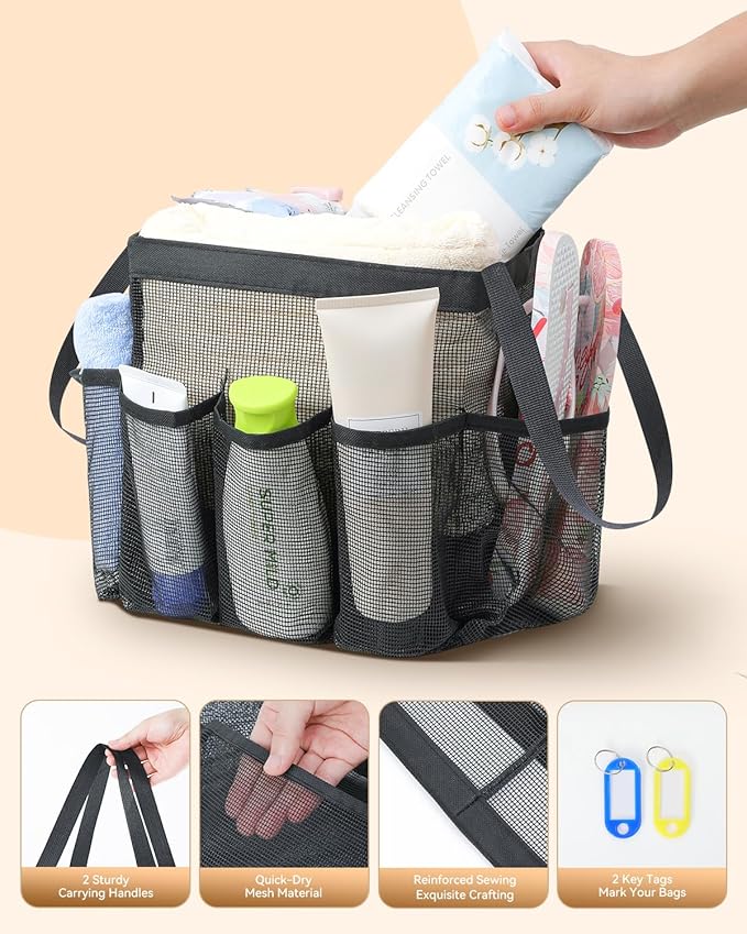 Temede Mesh Shower Caddy Tote, Large Shower Caddy Basket Portable, Quick Dry Hanging Toiletry Bag, 8 Storage Pocket Handle Bath Organizer for College Dorm, Gym, Camp, Travel - Image 4
