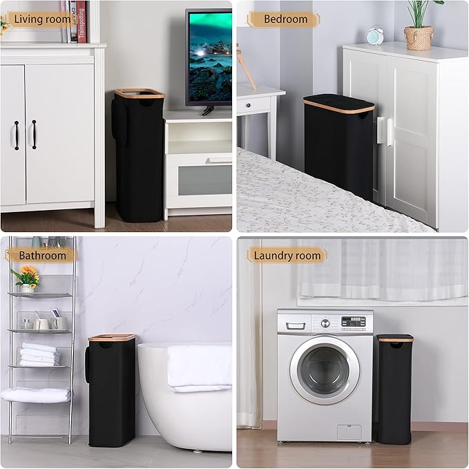 iEGrow 60L Slim Laundry Hamper, Narrow Laundry Basket with Lid,Foldable Clothes Hamper with Bamboo Handles,Hamper Basket with Removable Inner Bag for Laundry Room Bedroom College Dorm,Black - Image 6