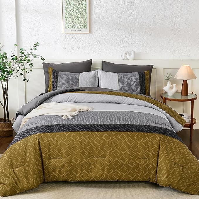Dinjoy Boho Queen Comforter Set Gray Yellow,7 Piece Bed in a Bag Queen Size Warm Striped Mustard Grey Bedding Sets Plaid Fall Comforters Set with Sheets for Family All Season