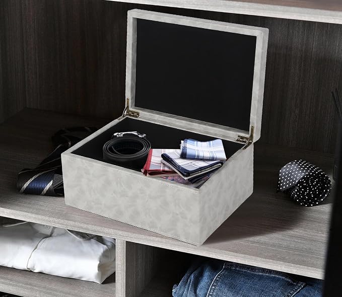 HofferRuffer Faux Leather Decorative Box, Large Wooden Structure Keepsake Box Accessory Organizer Jewelry Organizer with Hinged Lid, Storage Container for Home or Office (Grey) - Image 5