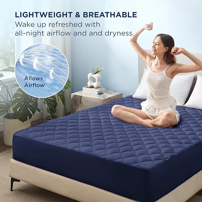 Bedsure King Mattress Protector, Quilted Waterproof Mattress Pad with Deep Pocket up to 22 Inches, Soft Breathable Noiseless Bed Cover, Topper Bed King White for Home, Bedroom, Hotel - Navy Blue
