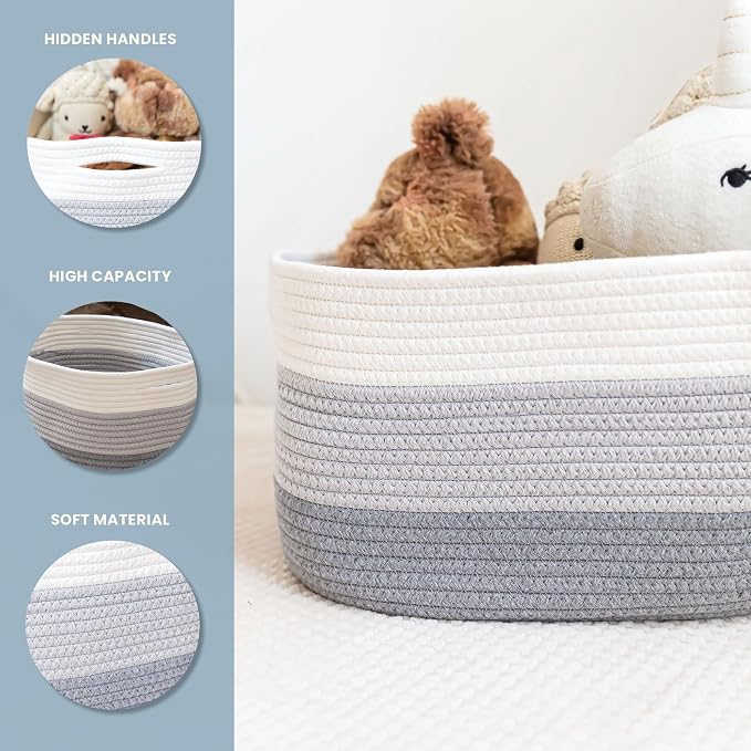 OrganiHaus Rope Baskets for Shelves - Set of 3 Woven Storage Baskets for Organizing, Closet & Toy Storage - 3-Toned Gray - 15x9x10 - Image 3