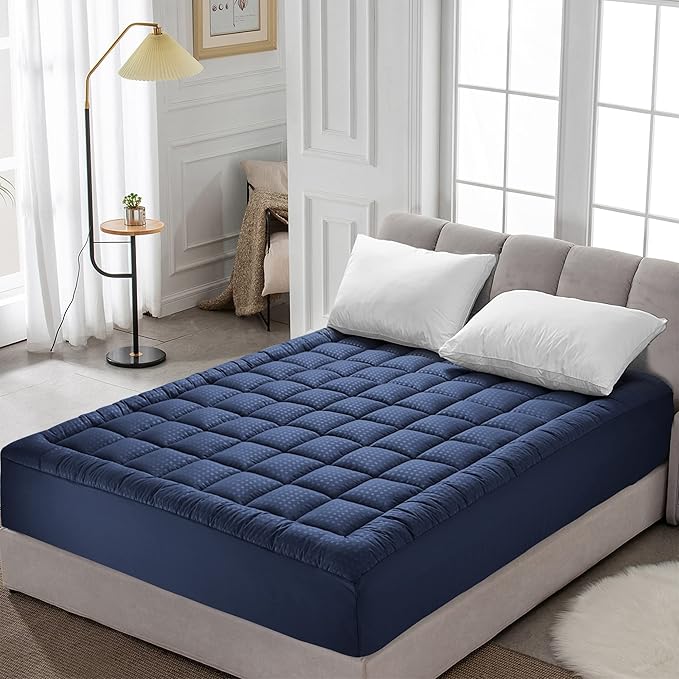 HYLEORY Queen Mattress Pad Quilted Fitted Mattress Protector Cooling Pillow Top Mattress Cover Breathable Fluffy Soft Mattress Topper with 8-21" Deep Pocket, Navy