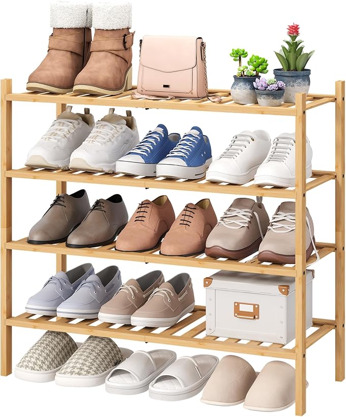 viewcare 4-Tier Bamboo Shoe Rack for Entryway, Stackable | Foldable | Natural, Shoe Organizer for Hallway Closet, Free Standing Shoe Racks for Indoor Outdoor by VIEWCARE