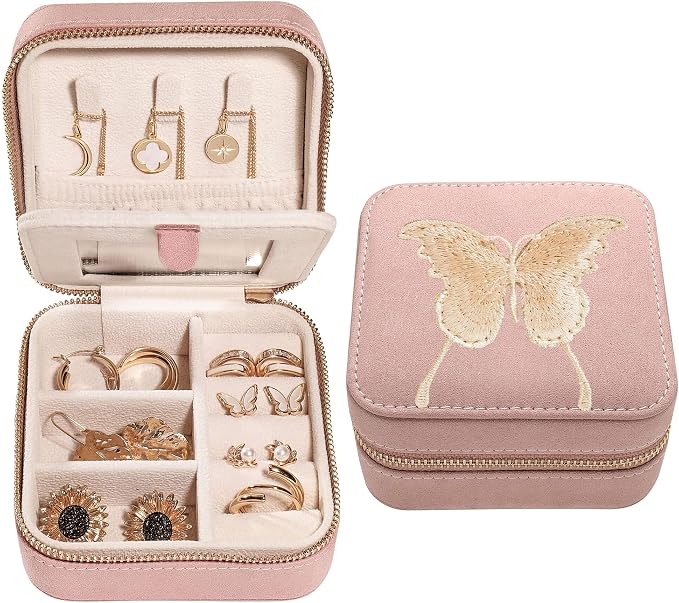 S.Leaf Travel Jewelry Organizer Boxes for Women Small Portable Necklace Earrings Bracelet Rings Travel Case Best Friend Birthday Gifts for Women Trendy (Butterfly_Pink_Gold) by SLeaf