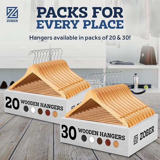 ZOBER High-Grade Wooden Hangers - Heavy Duty, Non Slip Wood Hangers for Coats, Jackets, Suits, & Pants - Clothes Hangers for Closet W/Bar and Notches 20 Pack - Image 8
