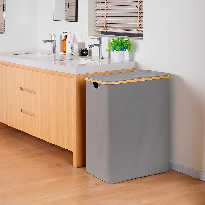 efluky Laundry Hamper with Lid, Trio Laundry Hamper with 3 Removable Bags, 3 Section Laundry Basket with Bamboo Handles for Bathroom, Bedroom & Laundry Room, 160L Silver Grey - Image 5