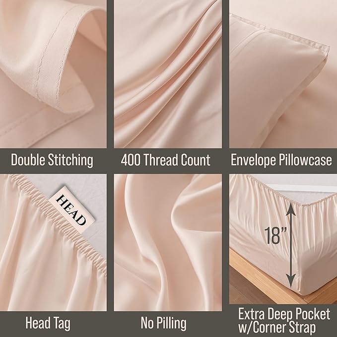 Bella Coterie 7 Piece Luxury Bamboo Viscose Split King Size Sheet Set | 2 Fitted Sheets for Adjustable Beds | 100% Organically Grown | Cooling for Hot Sleepers | 4 Pillowcases [Champagne]