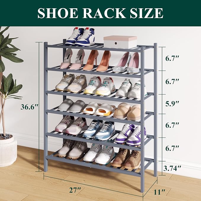 Smiry Bamboo Shoe Rack for Closet, 6 Tier Wooden Stackable Shoe Organizer, Free Standing Shoes Storage Shelf for Entryway, Front Door Entrance, Grey - Image 2