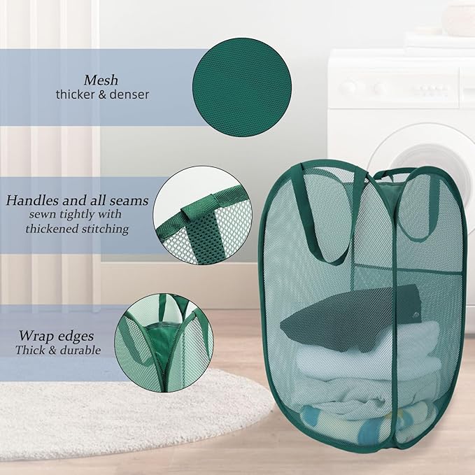 Upgraded 100L Extra Large Mesh Pop Up Laundry Basket With Handles, Light Breathable, Fold Compact, Large Hold Portable Foldable Dirty Clothes Basket For Bedroom, Laundry Room, Dorm, Hotel, Green.V - Image 3