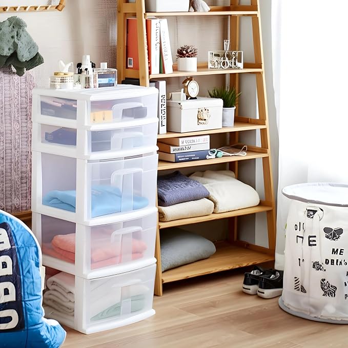 HOMZ 5-Drawer Storage Cart, Clear Plastic Drawers, 14.25" Wide Medium, White Frame - Organizing Drawer Containers for Home, Bathroom, Office, and Classroom - Image 9